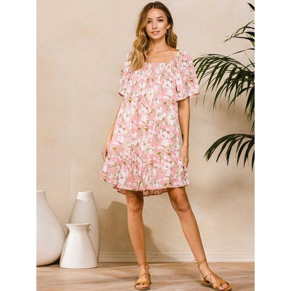 Ces Femme Dresses & Skirts - Ces Femme Women's Short Sleeve Tunic Smock Neck Bohemian Floral Dress Print New